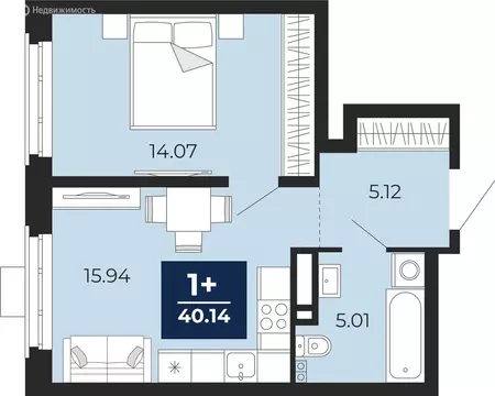 1-комнатная квартира: Тюмень, ЖК Айвазовский Сити (40.14 м)