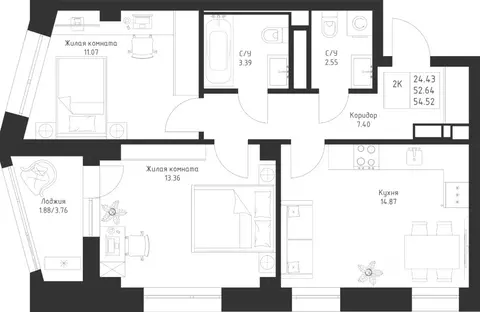 2-к кв. Татарстан, Казань Седьмое Небо жилрайон,  (54.52 м)