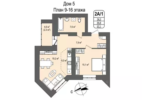 2-к кв. Кемеровская область, Кемерово 55-й мкр, 5 (57.1 м)