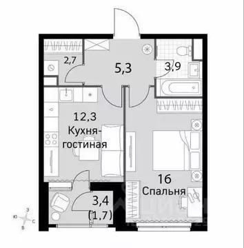 1-комнатная квартира: Москва, Строительный проезд, 9к1 (41.9 м)