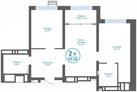 2-комнатная квартира: Тюмень, улица Пожарных и Спасателей, 1 (63.58 м)