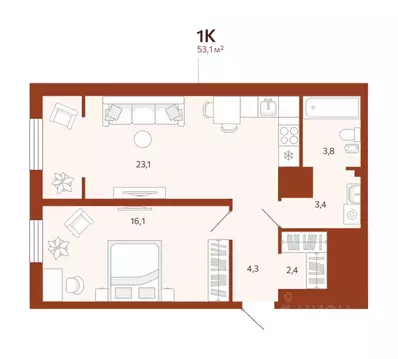 2-к кв. Тюменская область, Тюмень ул. Новаторов, 30 (53.1 м)