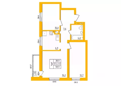 3-к кв. Башкортостан, Уфа Инорс-4Б мкр, Акварель жилой комплекс (58.9 ...