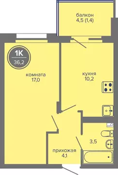 1-к кв. Пермский край, Пермь ш. Космонавтов, 309Ак1 (36.2 м)