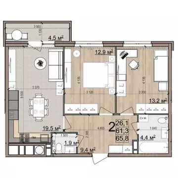 2-к кв. Рязанская область, Рязань Еврокласс жилой комплекс (65.8 м)