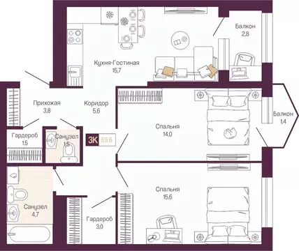2-к кв. Нижегородская область, Нижний Новгород ул. Тургенева (67.2 м)