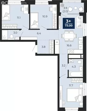 3-комнатная квартира: Тюмень, проезд Капитана Куликова, 7 (74.9 м)