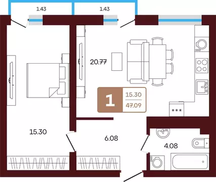 2-к кв. Башкортостан, Иглинский район, с. Акбердино  (41.48 м)