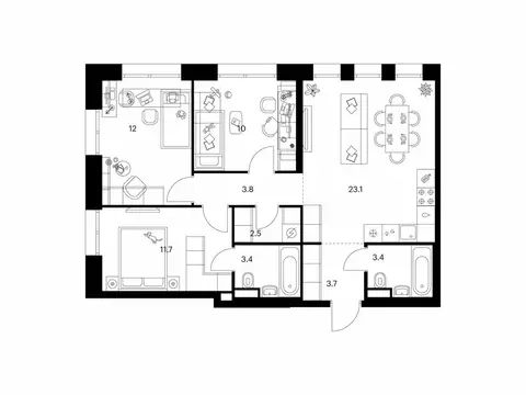 3-комнатная квартира: Москва, улица Маршала Прошлякова, 12к2с1 (73.6 ...