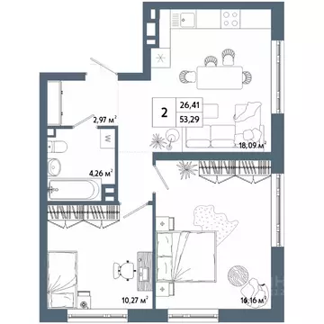 2-к кв. Башкортостан, Уфа 42-й кв-л,  (53.21 м)