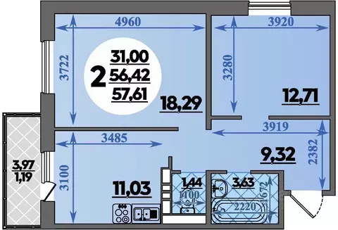 2-к кв. Ростовская область, Ростов-на-Дону ул. Юрия Дубинина, 5 (57.61 ...