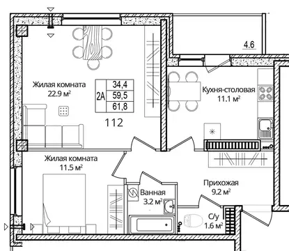 2-к кв. Псковская область, Псковский район, Завеличенская волость, д. ...