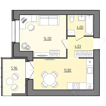 1-к кв. Ярославская область, Рыбинск Февральская ул., 12 (38.81 м)