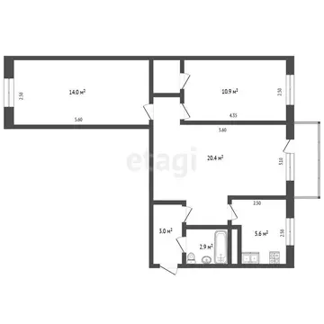 3-комнатная квартира: Орёл, 1-я Посадская улица, 41 (58.9 м)