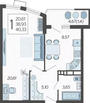 1-к кв. Краснодарский край, Краснодар Уральская ул., 100/8 (40.33 м)