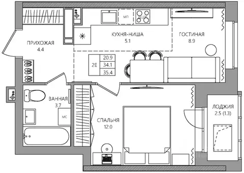 2-к кв. Пермский край, Пермь Батумская ул., 21 (35.4 м)