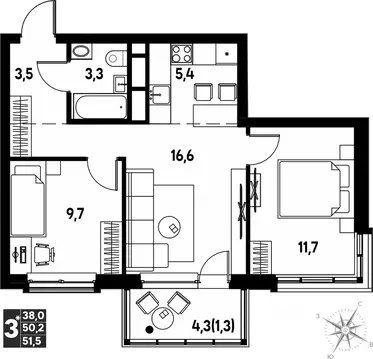 Студия Пермский край, д. Кондратово просп. Дягилева, 2 (51.5 м)
