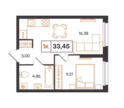 1-к кв. Тюменская область, Тюмень Фатера жилой комплекс (33.45 м)