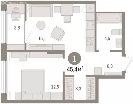 1-комнатная квартира: Тюмень, Краснооктябрьская улица, 4 (45.5 м)