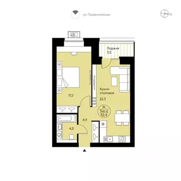 1-к кв. Коми, Сыктывкар Крутая ул., 2 (52.4 м)