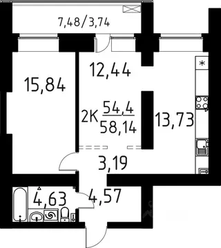 2-к кв. Томская область, Томск ул. Вершинина, 58к1 (58.14 м)