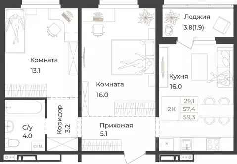 2-к кв. Алтай, Горно-Алтайск Дом 1824 жилой комплекс (59.3 м)
