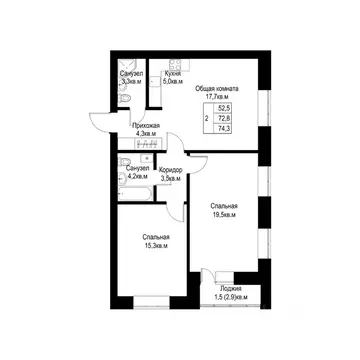 2-к кв. Татарстан, Альметьевск  (74.3 м)