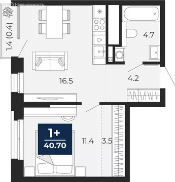 1-комнатная квартира: Тюмень, улица Тимофея Чаркова, 77 (41.7 м)