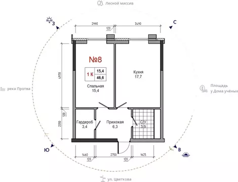 1-к кв. Калужская область, Обнинск ул. Усачева (46.6 м)