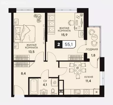 2-комнатная квартира: Анапа, Анапское шоссе, 18к1 (57 м)