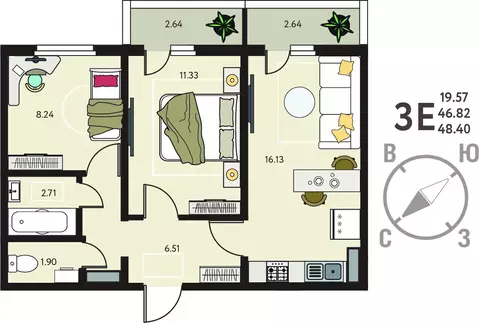 2-комнатная квартира: Курск, улица Энгельса, 115/6 (48.4 м)