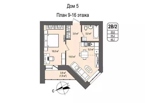 2-к кв. Кемеровская область, Кемерово 55-й мкр, 5 (46.1 м)