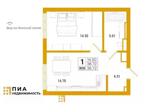1-комнатная квартира: Санкт-Петербург, улица Челюскина, 10 (39.9 м)