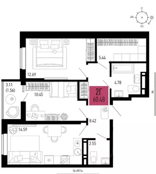 2-к кв. Ростовская область, Аксай  (60.48 м)