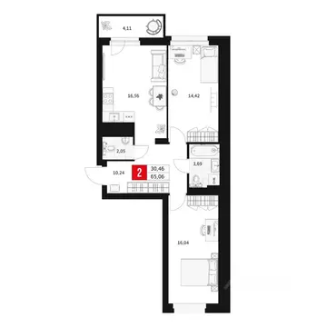 2-к кв. Башкортостан, Уфа ул. Большая Московская, 11 (65.06 м)
