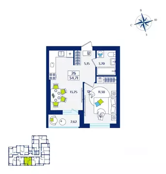 1-к кв. Калининградская область, Зеленоградск  (34.71 м)