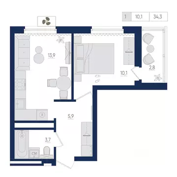 1-к кв. Башкортостан, Уфа ул. Евгения Столярова, 13 (34.3 м)