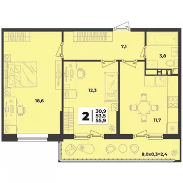 2-к кв. Краснодарский край, Краснодар  (55.9 м)