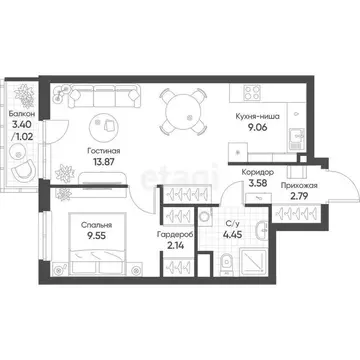 2-комнатная квартира: Казань, улица Архитектора Гайнутдинова, 26к3 (44 ...
