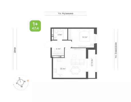 1-к кв. Хабаровский край, Хабаровск Совхозная ул. (47.4 м)