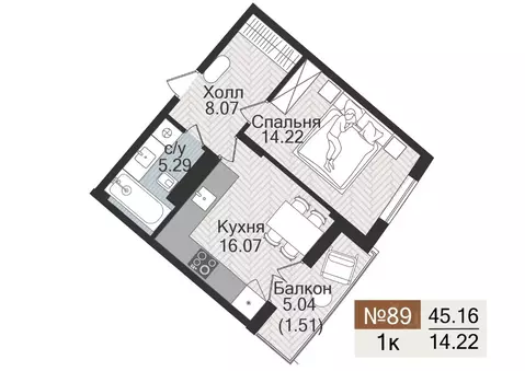 1-к кв. Калининградская область, Гурьевск  (45.16 м)