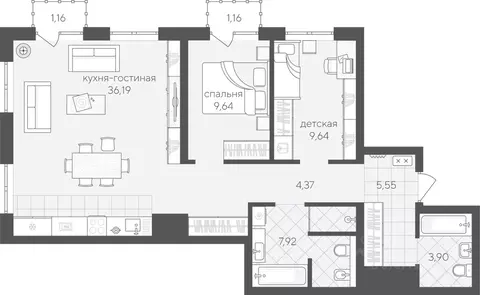 2-к кв. Тюменская область, Тюмень ул. Геннадия Райкова, 19 (79.53 м)