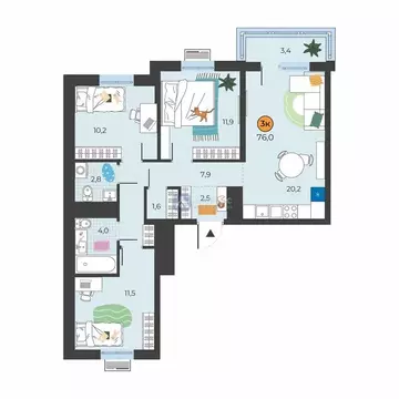 3-комнатная квартира: Тюмень, улица Надежды Шалагиной, 4 (73.6 м)