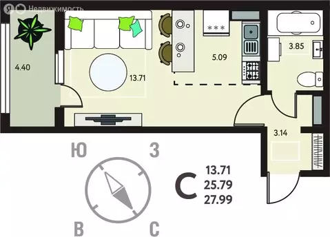 Квартира-студия: Липецк, ЖК Инстеп. Механизаторов (27.99 м)