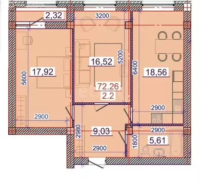 2-комнатная квартира: Владикавказ, улица Куйбышева, 77В (72.2 м)