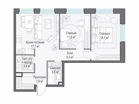 2-комнатная квартира: Мытищи, жилой комплекс Белый Grad, к11.3 (63.5 ...