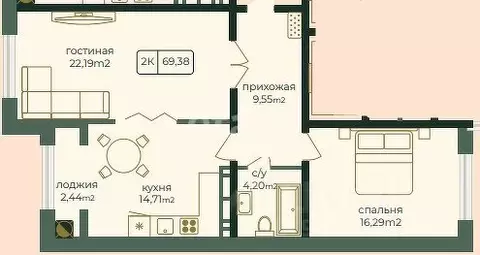2-к кв. Дагестан, Каспийск просп. Акулиничева (69.38 м)