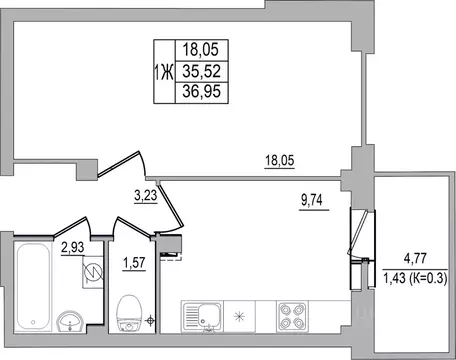 1-к кв. Псковская область, Псков ул. Юности, 32 (36.95 м)