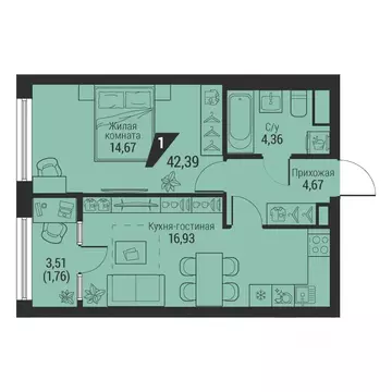 1-к кв. Свердловская область, Екатеринбург просп. Космонавтов, 100 ...