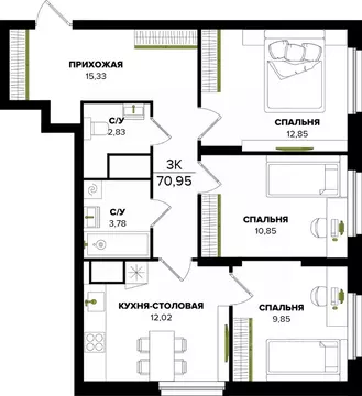 3-к кв. Тульская область, Тула ул. Академика Насоновой (70.95 м)